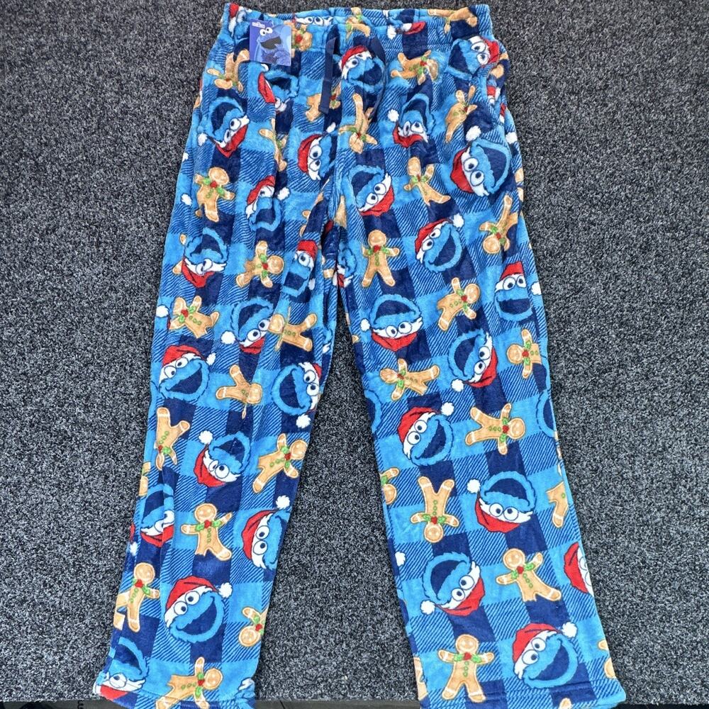Sesame Street Cookie Monster Mens L Fleece Pajama Pants Christmas Plaid Blue